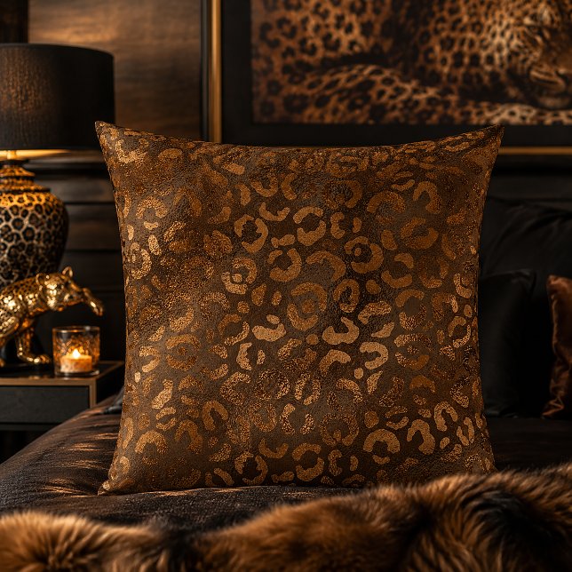Bronze Metallic Leopard Print Animal Pattern Throw Pillow (Creator Uploaded)