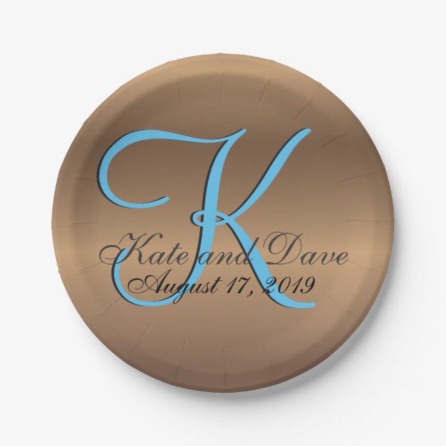 Bronze Monogram 🔑 Stylish Pecan  Paper Plates (Front)