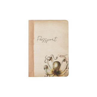 Bronze Octopus Aged Sepia Steampunk Travel Passport Holder