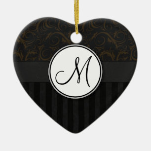 Bronze on Black Floral Wisps, Stripes & Monogram Ceramic Ornament