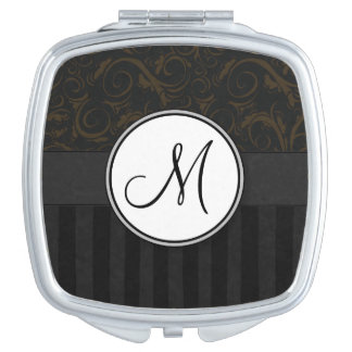 Bronze on Black Floral Wisps, Stripes & Monogram Compact Mirror