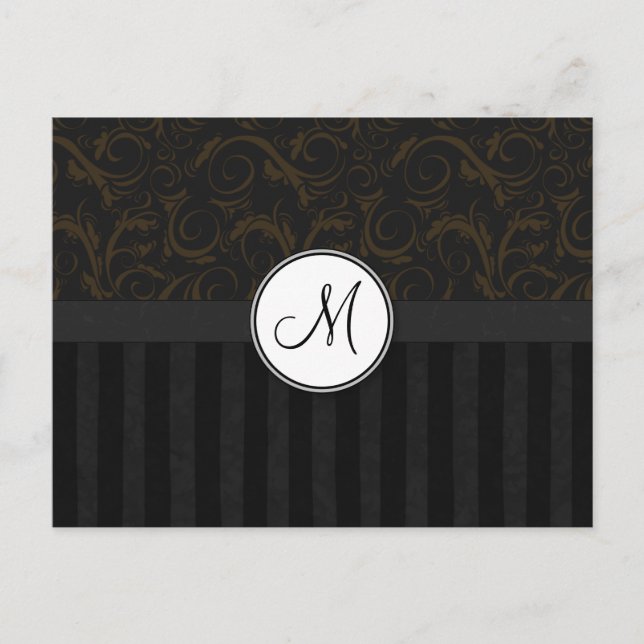 Bronze on Black Floral Wisps, Stripes & Monogram Postcard (Front)