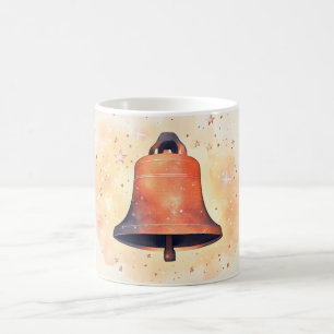bronze or copper bell with sparkling stars around coffee mug