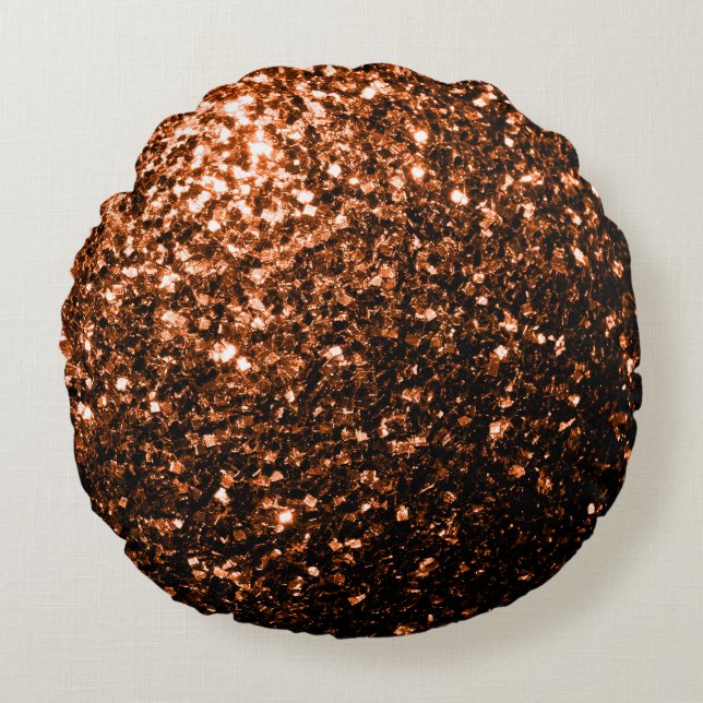 Bronze orange brown copper faux glitters sparkles round pillow (Front)