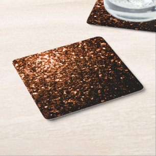 Bronze orange brown copper faux glitters sparkles square paper coaster