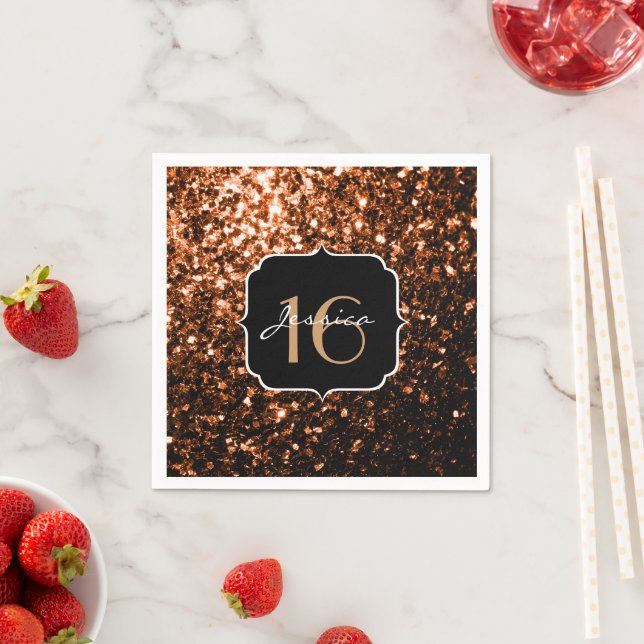 Bronze orange brown copper faux sparkles Sweet 16 Napkins (Insitu)