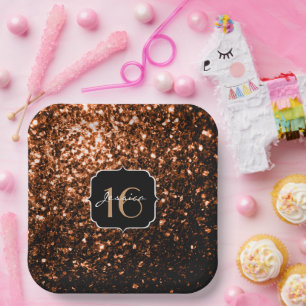 Bronze orange brown copper faux sparkles Sweet 16 Paper Plates