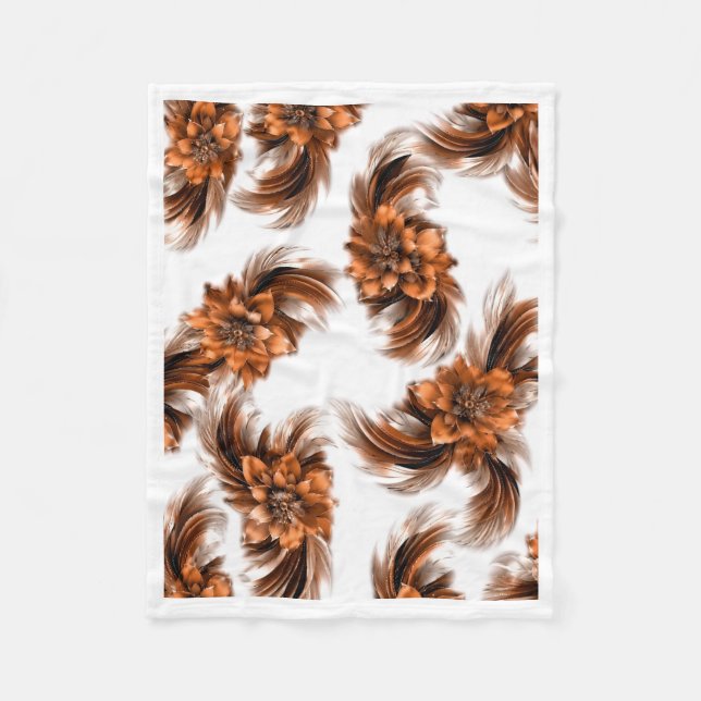 Bronze Orange Floral Feather Pattern Fleece Blanke Blanket (Front)