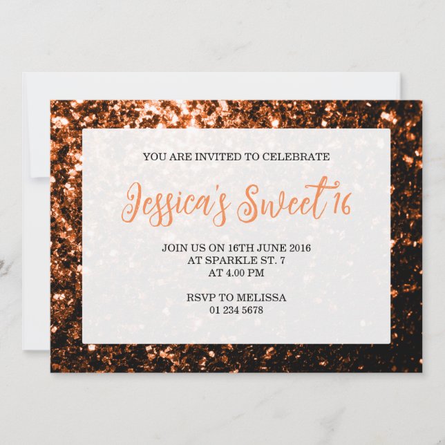 Bronze orange sparkles Sweet 16 elegant script Invitation (Front)