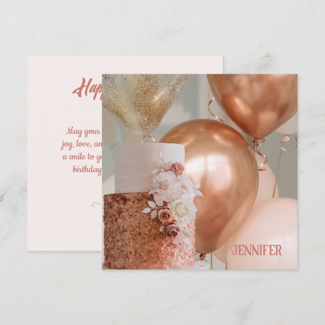 Bronze & pink  Balloons Editable Birthday cake Card (Front/Back)