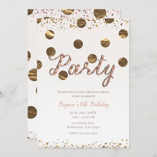 Bronze Polka Dots Rose Gold Modern Birthday Party Invitation