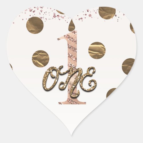 Bronze Polka Dots Rose Gold ONE 1 1st Birthday Heart Sticker