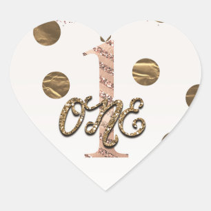 Bronze Polka Dots Rose Gold ONE 1 1st Birthday Heart Sticker