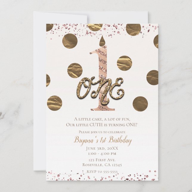 Bronze Polka Dots Rose Gold ONE 1 1st Birthday Invitation (Front)