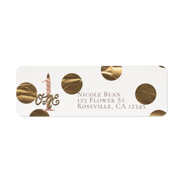 Bronze Polka Dots Rose Gold ONE 1 1st Birthday Label (Front)