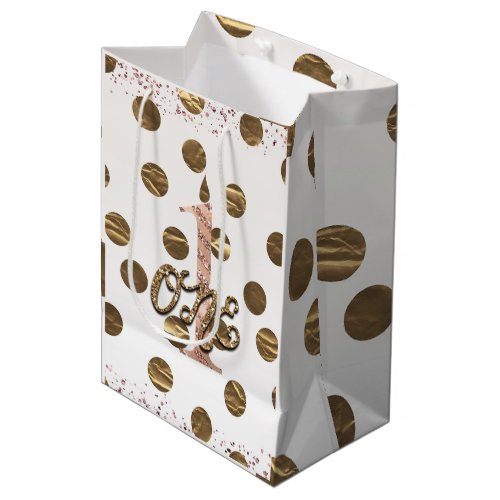 Bronze Polka Dots Rose Gold ONE 1 1st Birthday Medium Gift Bag