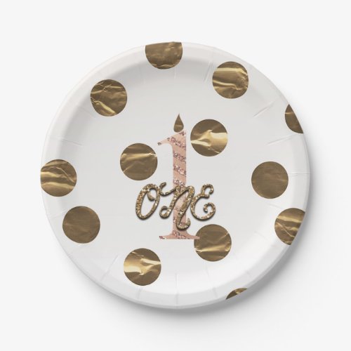 Bronze Polka Dots Rose Gold ONE 1 1st Birthday Paper Plates