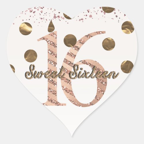 Bronze Polka Dots Rose Gold Sweet 16 Birthday Heart Sticker