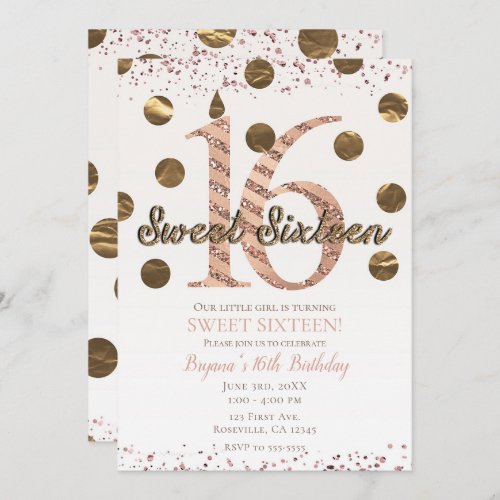 Bronze Polka Dots Rose Gold Sweet 16 Birthday Invitation