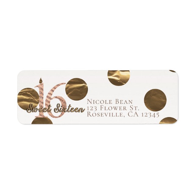 Bronze Polka Dots Rose Gold Sweet 16 Birthday Label (Front)