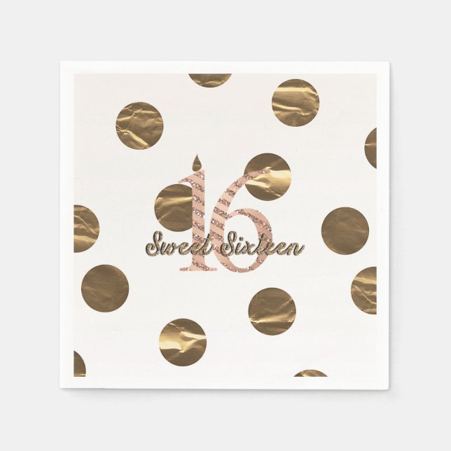 Bronze Polka Dots Rose Gold Sweet 16 Birthday Paper Napkins (Front)