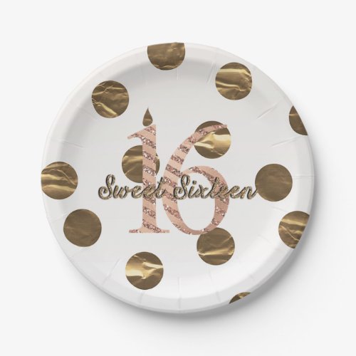 Bronze Polka Dots Rose Gold Sweet 16 Birthday Paper Plates