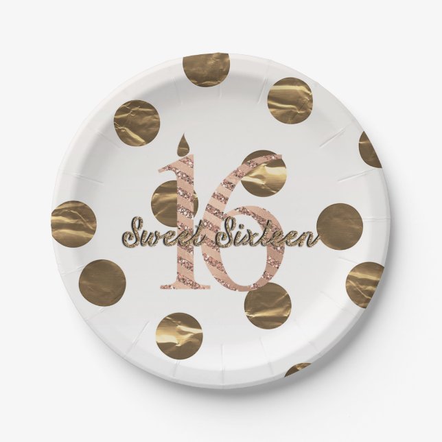 Bronze Polka Dots Rose Gold Sweet 16 Birthday Paper Plates (Front)