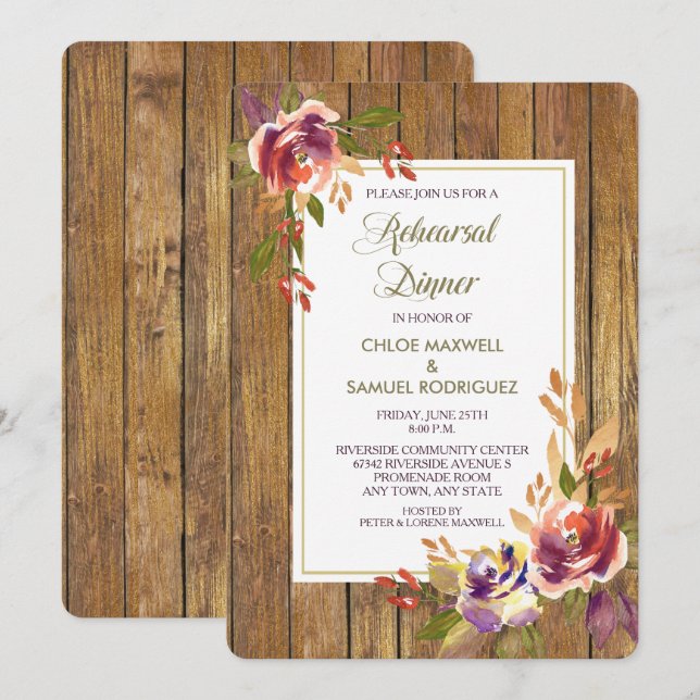 Bronze Rose Wood Floral Wedding Dinner Invitation (Front/Back)