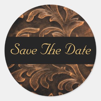 Bronze Scroll Leaf Gold Save The Date Sticker by theedgeweddings at Zazzle