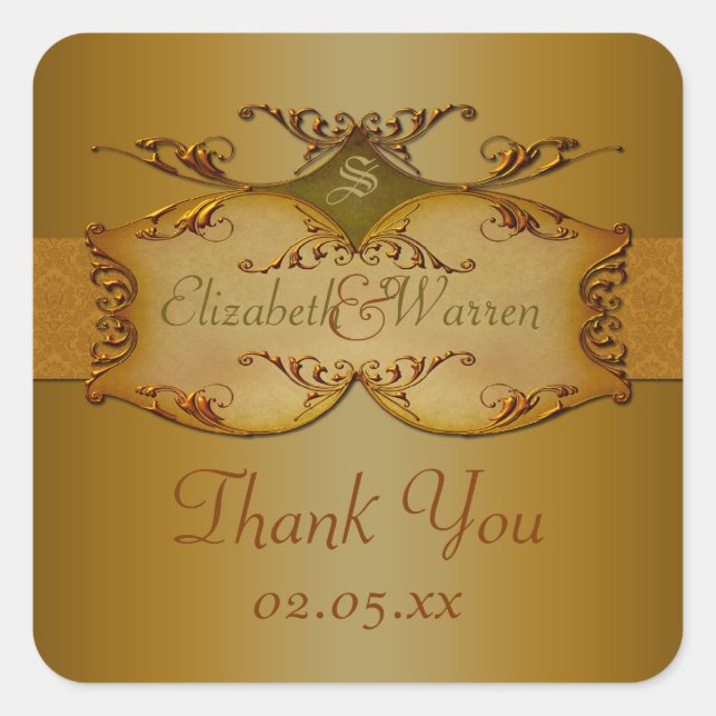 Bronze Scrolls Wedding Favor Thank You Sticker (Front)