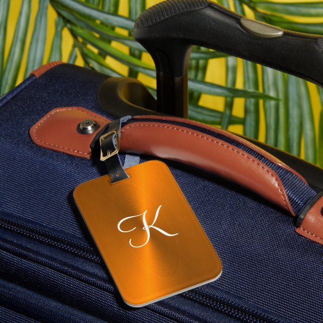 Bronze shiny faux metal monogram luggage tag (Front Insitu 1)