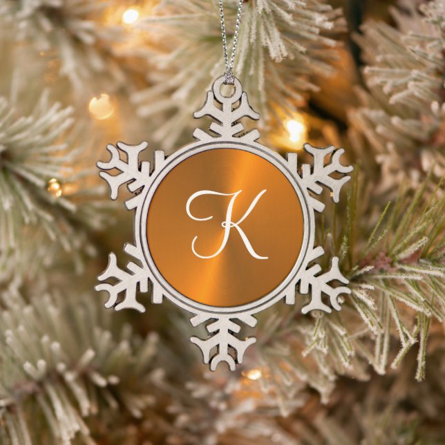 Bronze shiny faux metal monogram snowflake pewter christmas ornament (Tree)