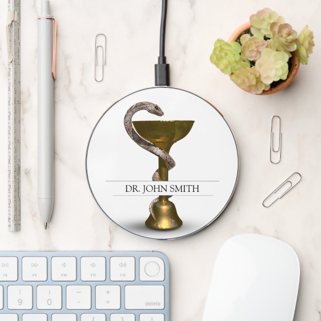 Bronze Snake Bowl Hygieia Medical White Name Wireless Charger (Desk)