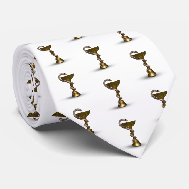 Bronze Snake Bowl Hygieia White Caduceus Medical Neck Tie (Rolled)