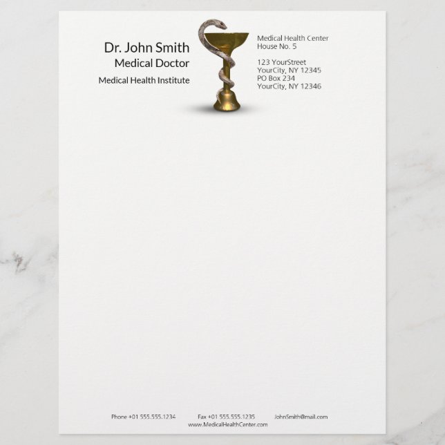 Bronze Snake Bowl Medical Hygieia White Caduceus Letterhead (Front)