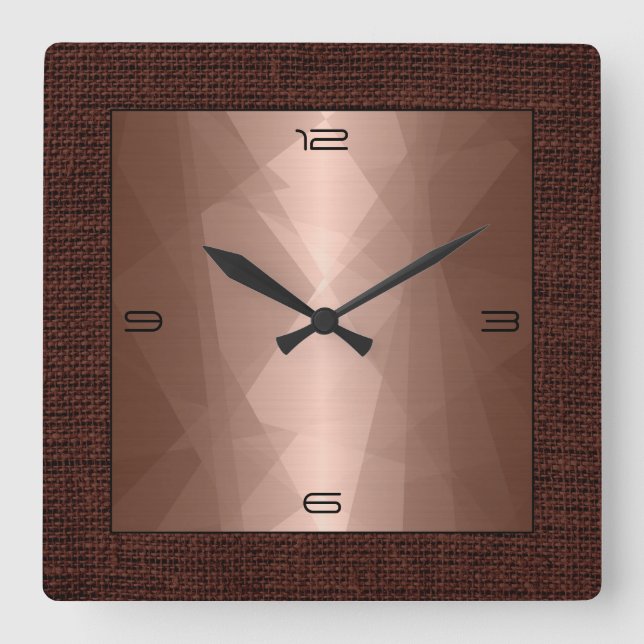 Bronze Stainless Steel Modern Burlap Border Square Wall Clock (Front)