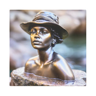 Bronze statue of a black woman with a hat in stone metal print