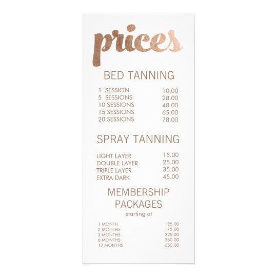 Bronze Tanning Salon Menu Price List Cards