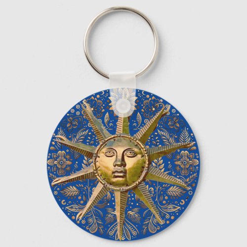 Bronze Ten Ray Sun on Flower Blue Background Keychain