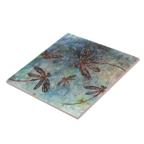 Bronze Tipped Dragonflies on a Magical Starry Sky Ceramic Tile