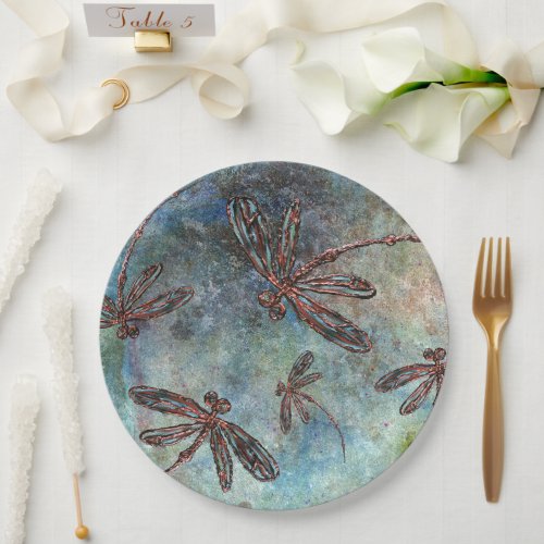 Bronze Tipped Dragonflies on a Starry Sky Paper Plates