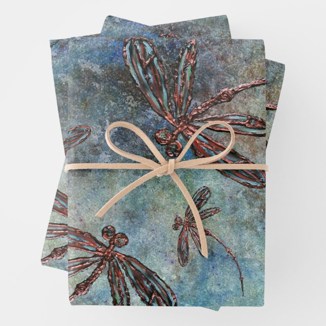 Bronze Tipped Dragonflies on Magical Sky Wrapping Paper Sheets (In situ)