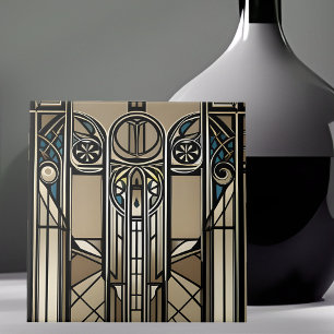 Bronze Tone and Blue Art Deco Geometric Ceramic Tile