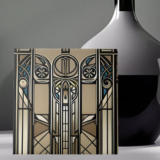 Bronze Tone and Blue Art Deco Geometric Ceramic Tile