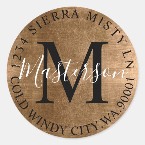 Bronze Tones Elegant Return Address Monogram Classic Round Sticker Bronze Tones Elegant Return Address Monogram Classic Round Sticker