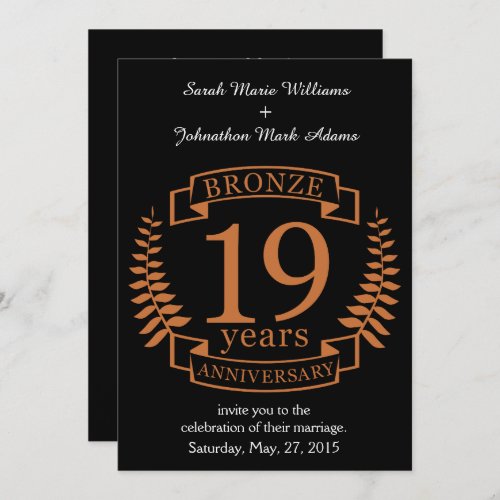 Bronze traditional wedding anniversary 19 years invitation