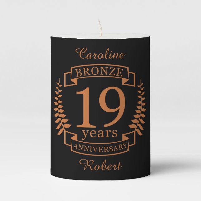 Bronze traditional wedding anniversary 19 years pillar candle (Front)