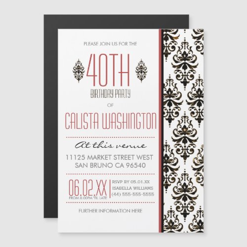 Bronze Vintage Damask 40th Birthday Party Magnetic Invitation - Bronze Vintage Damask 40th Birthday Party Invitations. Bronzed-black, classic, vintage damask pattern birthday party invites for her. Add your own birthday invitation text using Zazzle's easy to use menu prompts until your invitation looks exactly the way you want it in your screen. If you need any help customizing your invitations, please don't hesitate to contact me through my store and I'll be happy to help you. Please note that all Zazzle designs are flat printed.
