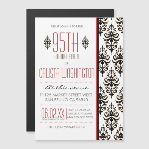 Bronze Vintage Damask 95th Birthday Party Magnetic Invitation - Bronze Vintage Damask 95th Birthday Party Invitations. Bronzed-black, classic, vintage damask pattern birthday party invites for her. Add your own birthday invitation text using Zazzle's easy to use menu prompts until your invitation looks exactly the way you want it in your screen. If you need any help customizing your invitations, please don't hesitate to contact me through my store and I'll be happy to help you. Please note that all Zazzle designs are flat printed.
