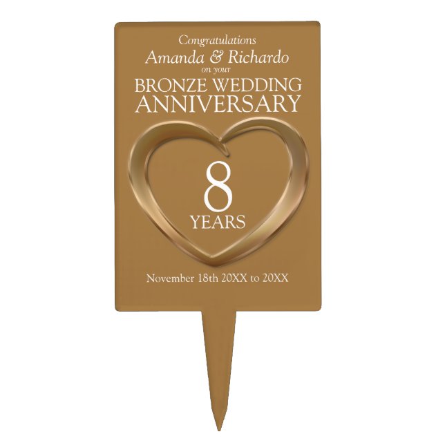 Bronze wedding anniversary heart 8 years cake topper (Front)